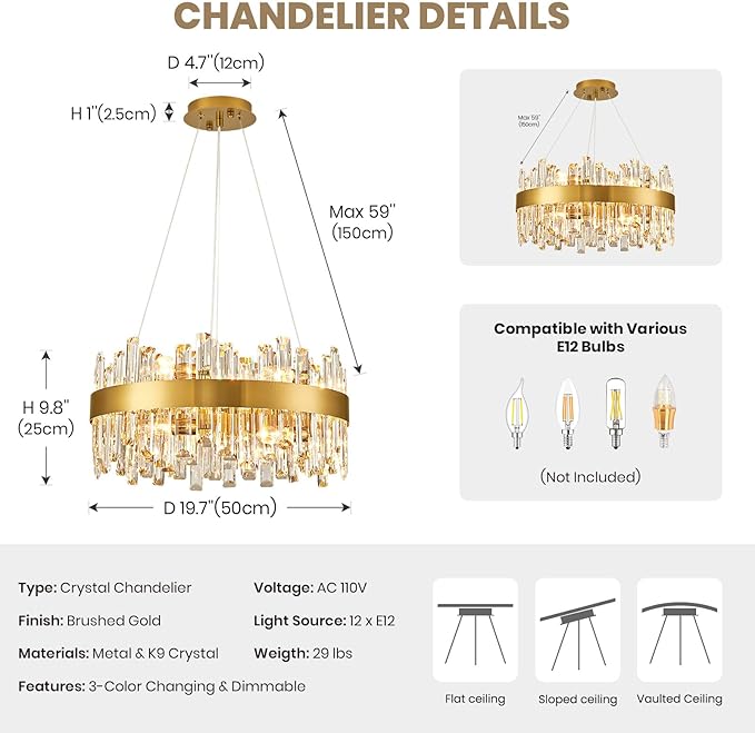 CROSSIO Modern Crystal Chandelier, 12 Lights Luxury Gold Round 2-Tiers K9 Crystal Raindrop Chandelier, Dimmable Crystal Ceiling Light for Dining Room Living Room Kitchen Entryway Foyer D19.7''