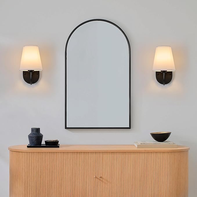 Hardwired Set of 2 Black Metal Wall Sconces with White Fabric Shades – Small Modern Wall Lights for Bedroom, Hallway, Bathroom,Staircase