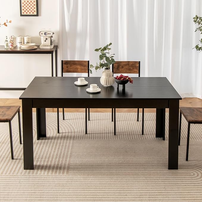 Moccha Wood Dining Table for 4-6 People, 63" Wood Rectangle Dinner Table, Modern Kitchen Table with L-Shaped Legs, 330lbs Weight Capacity, Farmhouse Dinette Table for Dining Room, Living Room, Black