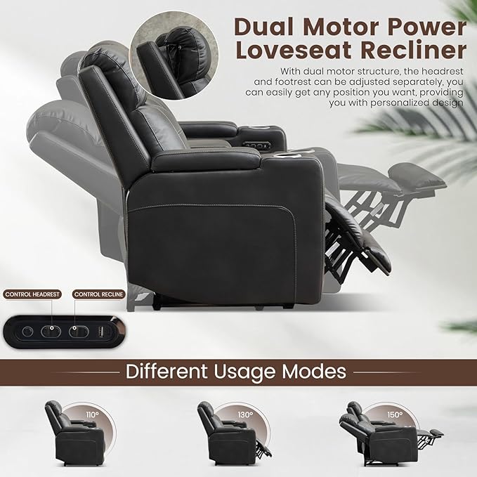 Netpane Breathable Leather Power Recliner Sofa Set with LED, Power Reclining Sofa and Loveseat Set with Adjustable Headrest/Wireless Charger/USB Ports/Storage for Living Room/HomeTheater (Grey&Black)