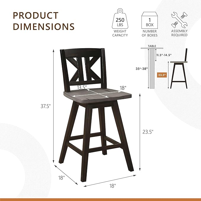 Lexicon Counter Height Stools Set of 2-Solid Wood Frame 360° Swivel Wooden Stools, Foot Rest, KK Back, Wide Seat, Distressed Farmhouse Easy to Clean Finish, 24" SH, Antique Black/Grey