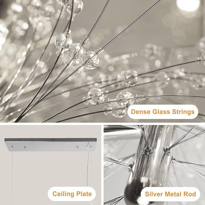 Depuley 27.5" Modern Silver Crystal Firework Chandelier, 9-Light Crystal Light Fixture Hanging, Linear Dandelion Chandelier, Sputnik Ceiling Pendant Light Fixtures for Dining Room(G9 Bulbs Included)