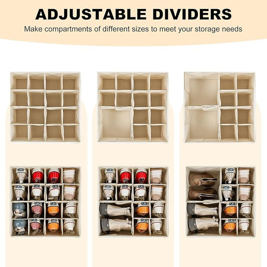 Fabric Shoe Organizer for Closet, Foldable Shoe Storage Bins with Clear Cover, Shoe Container with Adjustable Dividers, Fits up to 16 Pairs, White