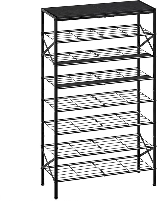 8-Tier Tall Shoe Rack Organizer Shoe Storage for Entryway 24-32 Pairs Metal Shoe Rack for Closet Heavy-Duty Shoe Rack with Wooden Top Shelf for Garage Black