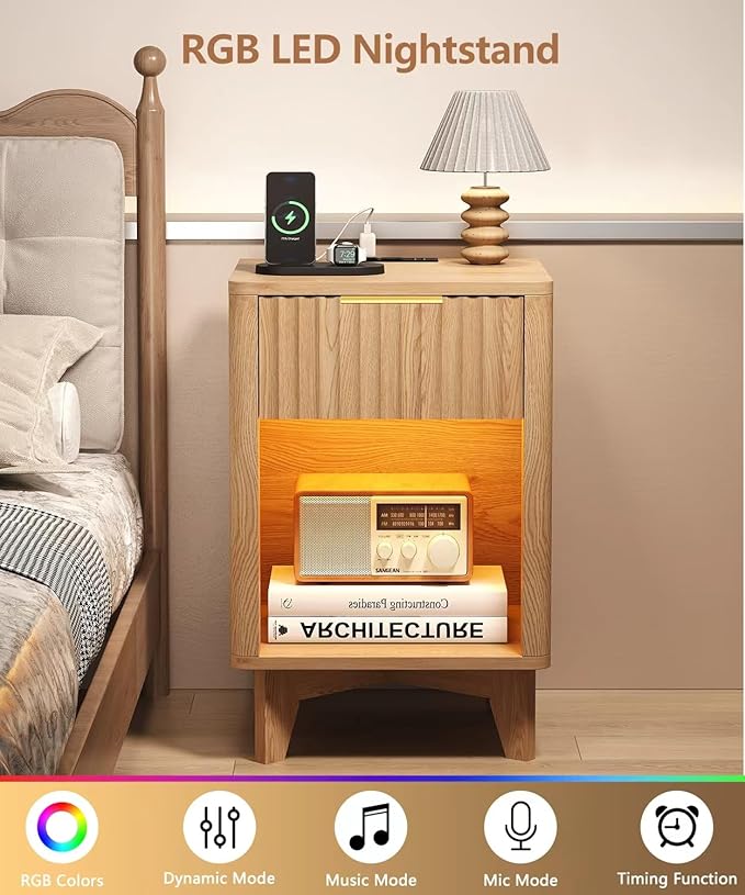 Fluted Nightstand Set of 2, Wooden Night Stand with Charging Station and LED Light, Modern Mid Century End Table with Drawer, Bedside Table for Bedroom, Natural Oak