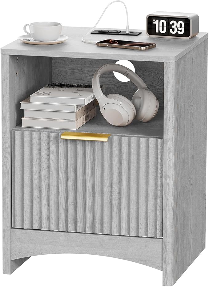 Marsail Fluted Nightstand with Charging Station, Adjustable Bedside Table with USB & AC Ports, 1 Drawer End Table, Wood Grain Finish, Sleek Wide Handle, Perfect for Bedroom, Light Grey