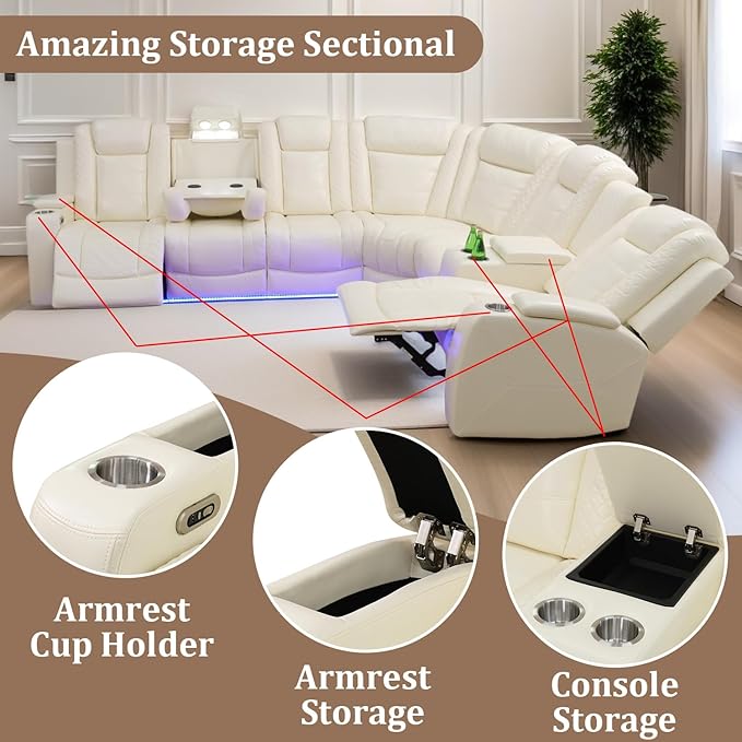 Power Reclining Sectional Sofa Set with LED Lights, Vegan Leather Recliner Sectional Couch for Living Room Furniture,Wireless Charging/USB Charging/Reading Lamp/Armrest Storage,White Pro