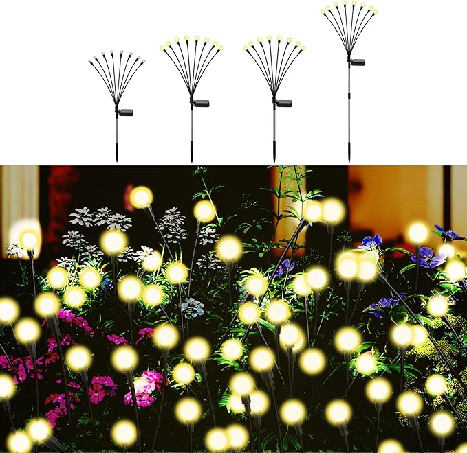 Swaying Solar Firefly Lights Outdoor, 8 Modes 800mAh Firefly Swaying Solar Garden Lights Waterproof for Outside Plant Yard Patio Pathway Christmas Garden Decor Flashing Warm White(4 Pack)
