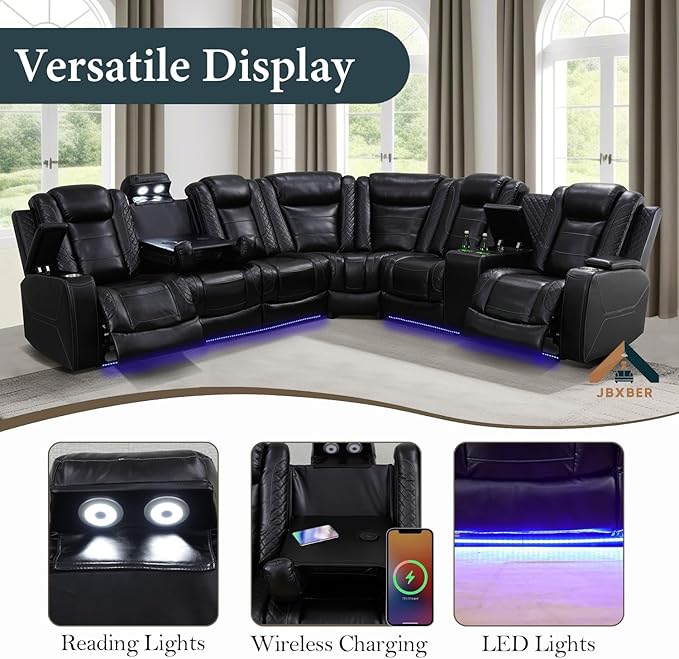 Power Recliner Sectional Sofa Set, Black Leather Sectional Couch and Chair for Living Room, L Shape Reclining Sofa with Cup Holder, Hidden Storage, Drop-Down Table for House(7 Seat)