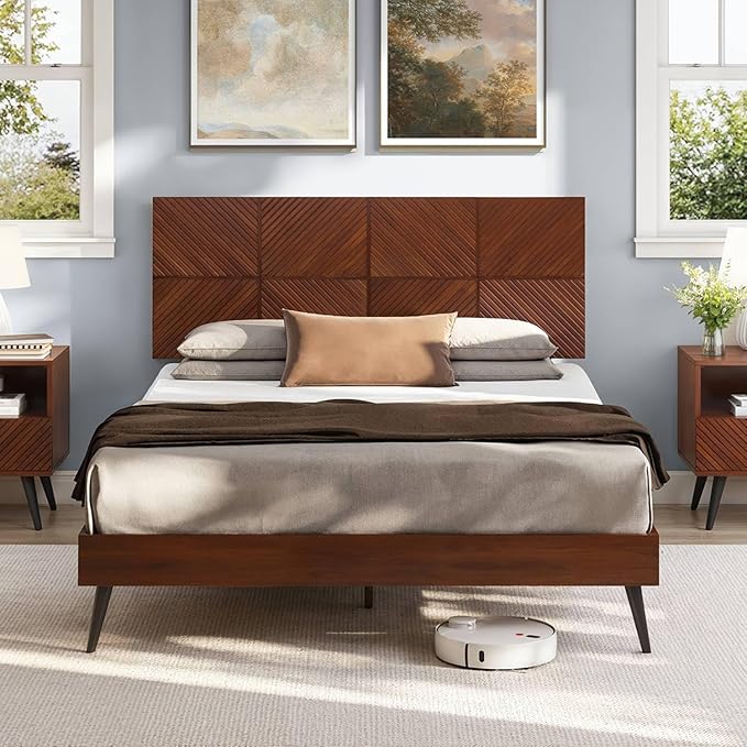 Bme Rhombus Queen Bed Frame – Solid Rubber Wood with Geometric Rhombus Headboard, Walnut Finish, Scandinavian Modern Platform Bed with Sturdy Slats & Metal Legs, No Box Spring Needed