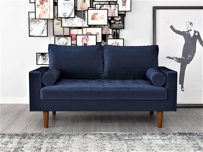 Container Furniture Direct Womble 58 Inch Velvet Loveseat Sofa with Elegant Button Tufted Upholstery, Square Arms, Splayed Wood Legs, Includes Matching Bolster Pillows, Misty Blue