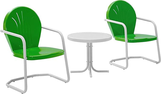 Crosley Furniture Griffith 3-Piece Outdoor Chair and Side Table Set, Retro Metal Bistro Patio Sets for Porch, Grasshopper Green
