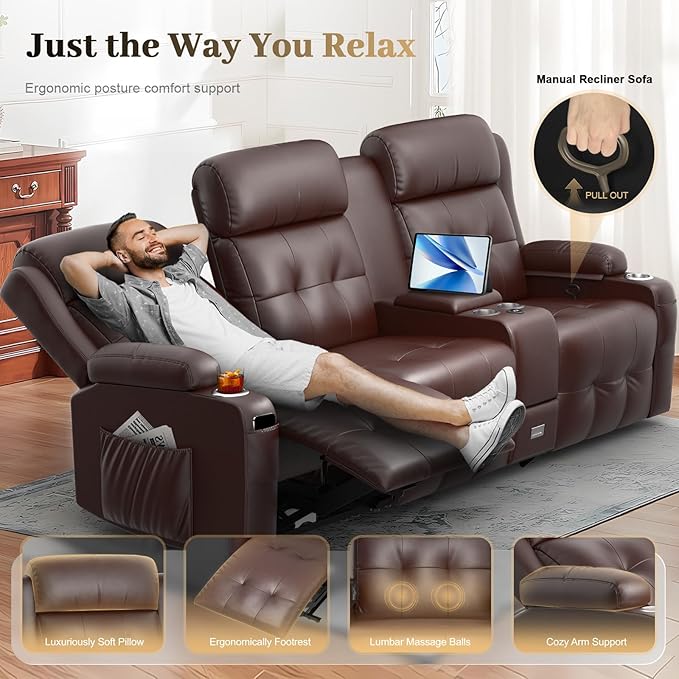 Recliner Sofa, 3 Seater Massage Reclining Loveseat Sofa Sets, 1 Lovseat Reccliner, 2 Single Power Recliner Chairs Heat & Massage, Heavy Weight Capacity, RV Clearance Couch with Console, USB, Type C