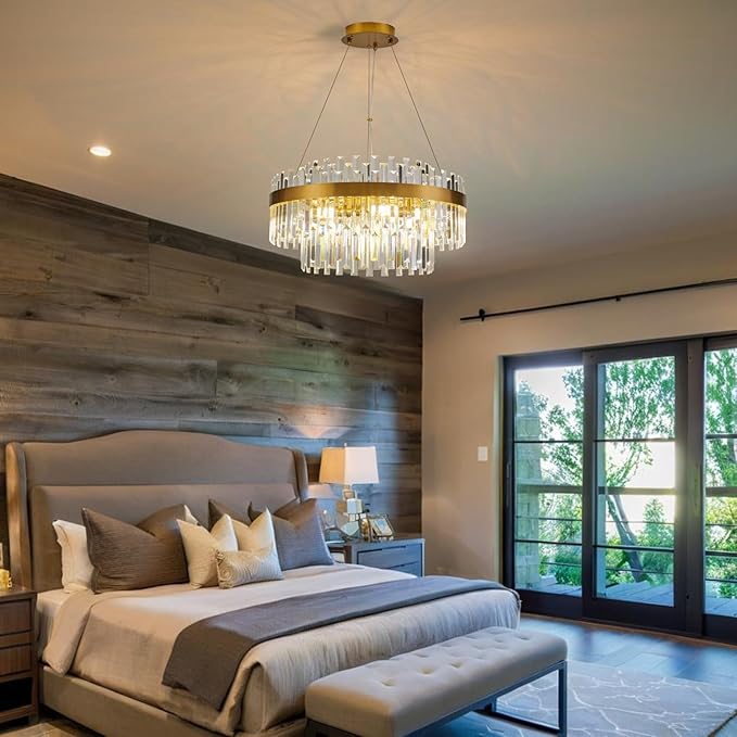 Modern Luxury Brushed Brass Gold Crystal Chandelier, 6-Light 2-Tier Raindrop Round Pendant Ceiling Light for Dining Room,Kitchen Island,Foyer,Bedroom,Entryway - 19.7" D,E12 Base