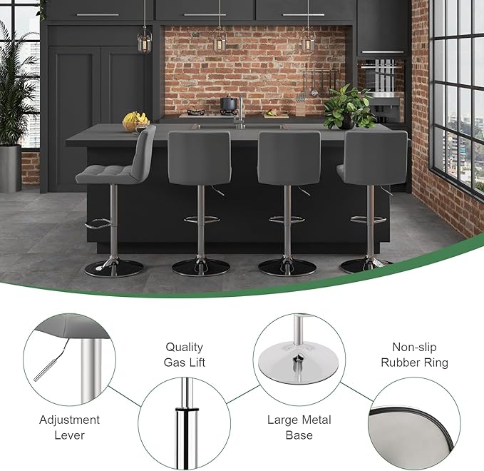 COSTWAY Adjustable Bar Stools Set of 2, Modern Swivel PU Leather Bar Chair with Backrest, Soft Cushioned Seat, Footrest, Sturdy Metal Frame, Comfortable Barstools for Kitchen Island, Pub, Grey