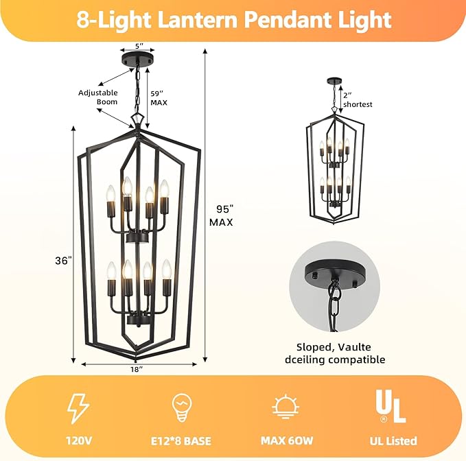 WJShome Black Chandelier, 8-Light Tiered Lantern Pendant Light, Modern Farmhouse Foyer Lighting Fixtures, Large Chandeliers for High Ceilings, for Foyer, Staircase, Entryway