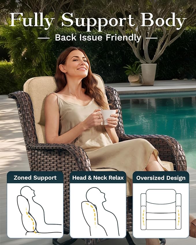High Back Outdoor Furniture with Extra Thick Cushion Patio Swivel Rocking Chairs, 2PCS Oversized Comfort Wicker Conversation Set for Porch, Deck, Yard in Beige