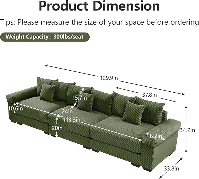 KEIKI 130" Oversized Corduroy Modular Cloud Sectional Sofa with High-Density Foam Cushions, Extra-Thick Armrest, Upholstered Modern 3-Seater Fluffy Corner Couch with 9 Pillow, for Living Room, Green