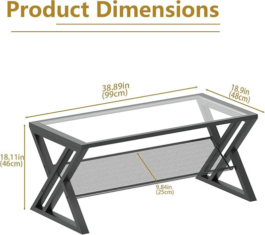 Glass Coffee Table Living Room Table with Storage Shelf, Black Glass Table Simple Modern Rectangular Tables with Sturdy Black Metal Frame,Industrial Glass Coffee Table for Bedroom Home Office