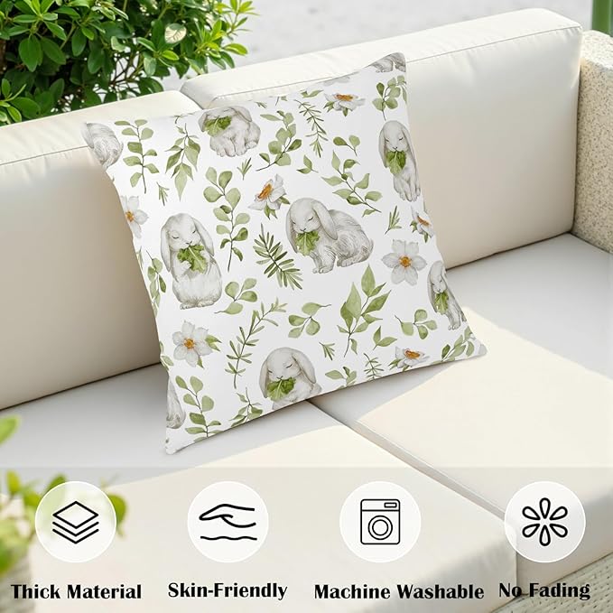 Easter Outdoor Pillow Covers 18x18 Set of 2 Sage Green Bunny Floral Leaf Throw Pillow Covers Spring Rabbit Flower Farmhouse Pillowcase for Home Couch Sofa Decor