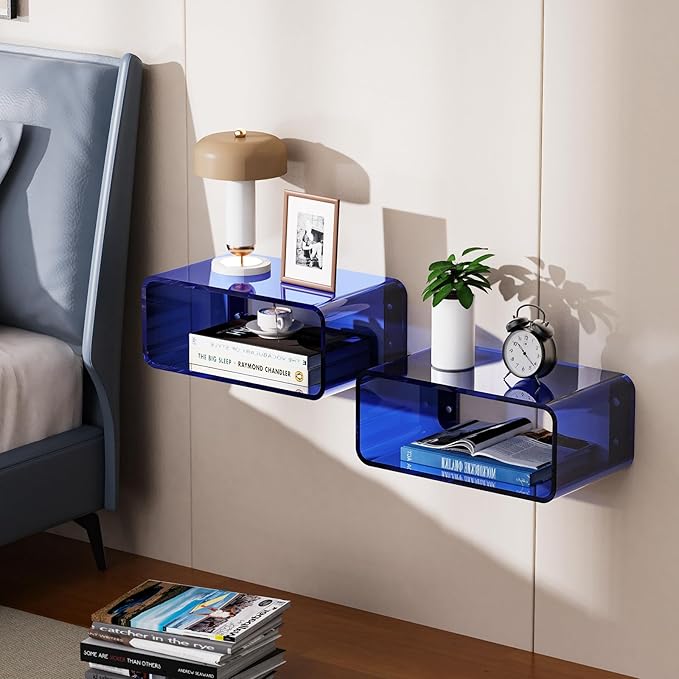 Acrylic Floating Nightstand, Bedside Table, Nightstand Shelf Wall Mounted Bedside Shelf (Dark Blue, Small)