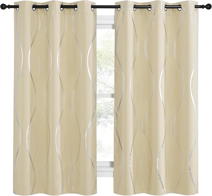 NICETOWN Bedroom Short Blackout Curtain Panels, Window Treatment Thermal Insulated Room Darkening Wave Line Foil Print Design Curtains for Kitchen, Cafe, Loft (Biscotti Beige, Set of 2, 34 by 63 Inch)