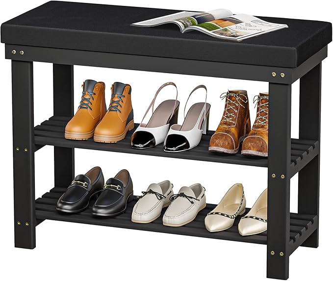 Domax Shoe Rack Bench,Bamboo Shoe Bench with Cushion, 3-Tier Shoe Storage Organizer for Entryway Entrance Hallway Bedroom Living Room,Holds Up to 330 lbs,11.8 x 28 x 17.7 Inches,Black