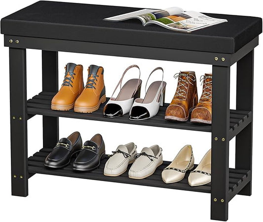Domax Shoe Rack Bench,Bamboo Shoe Bench with Cushion, 3-Tier Shoe Storage Organizer for Entryway Entrance Hallway Bedroom Living Room,Holds Up to 330 lbs,11.8 x 28 x 17.7 Inches,Black