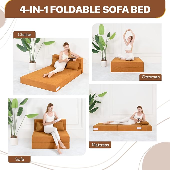Fvkind Folding Sofa Bed, 4 in 1 Convertible Sleeper Sofa Bed Chair with Pillow, Twin Memory Foam Loveseat Futon Sleeper Chair, Foldable Futon Couch for Living Room, Bedroom, Guest Room, Yellow