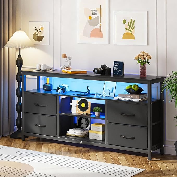 Haewon TV Stand for Televisions up to 65 Inches, Entertainment Center with LED Lights and Charging Station, TV Media Console Table with 4 Fabric Drawers and Open Shelf for Living Room, Black