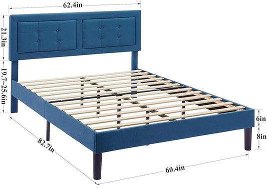 VECELO Queen Size Bed Frame with Adjustable Headboard, Upholstered Button Tufted Platform Bedframe with Wood Slats Support, No Box Spring Needed, Aegean Blue