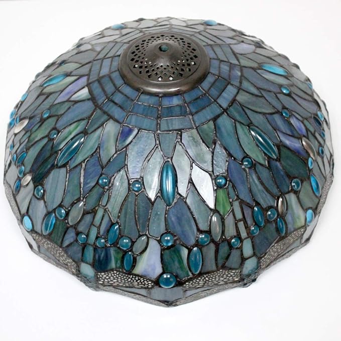 WERFACTORY Tiffany Pendant Light Fixture Sea Blue Stained Glass Dragonfly Hanging Lamp Wide 16 Inch, Height 40 Inch S147 Series