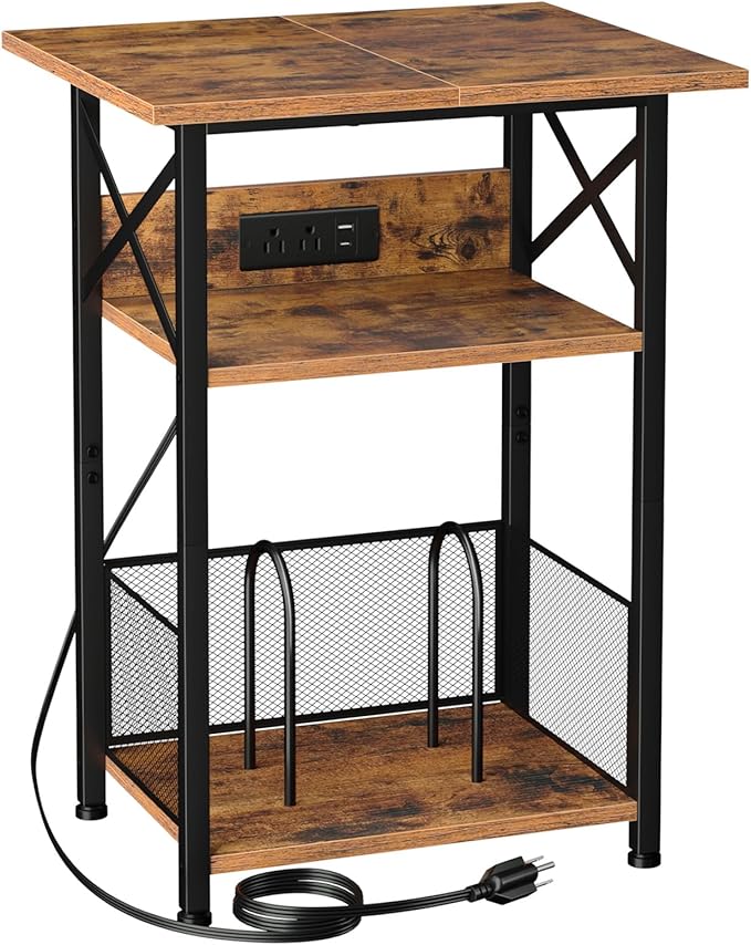 AMHANCIBLE Record Player Stand with Charging Station, Large Turntable Stand with Storage Cabinet, 3 Tier End Table Hold Up to 100 Albums, Record Stand for Vinyl, Living Room, Brown, HETCD012BR-1