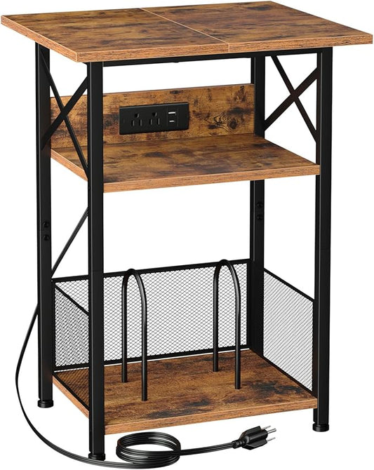 AMHANCIBLE Record Player Stand with Charging Station, Large Turntable Stand with Storage Cabinet, 3 Tier End Table Hold Up to 100 Albums, Record Stand for Vinyl, Living Room, Brown, HETCD012BR-1