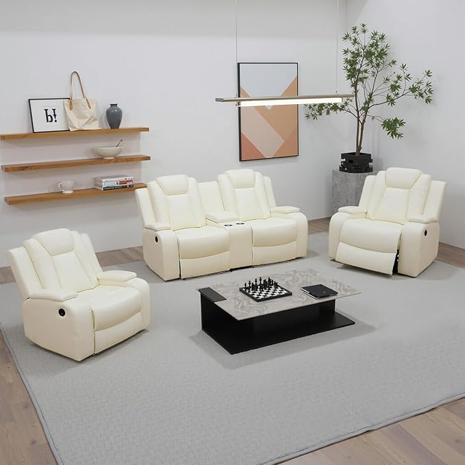 Power Recliner Sofa Set, Breathing Leather Reclining Couch Set, Leather Loveseat and 2 Recliner Chairs Set with LED Lights/Charging Ports/Storage for Home/Office (Creamy White, Loveseat+2 Chairs)