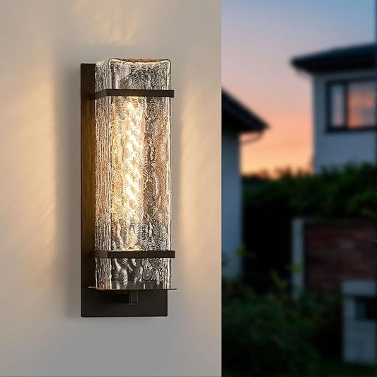 Black Outdoor Wall Light, 13.4in Exterior Waterproof Lanterns,Porch Sconces Wall Mounted Lighting with E26 Sockets & Textured Glass Shades, for Garage,Doorway,Patio,Front Door
