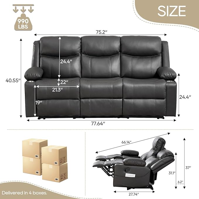 Manual Reclining Sofa - 3 Seat Recliner Sofa with Heat & Massage Function, Wall-Hugger Reclining Sofa for Living Room (Grey) | Cup Holder, Side pocket