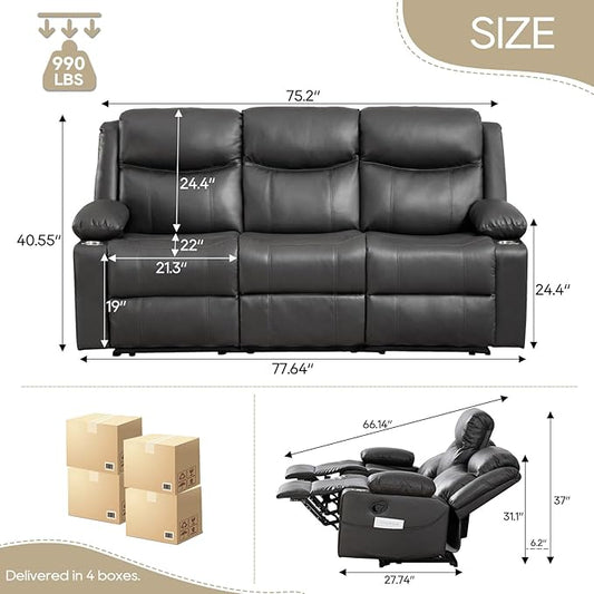 Manual Reclining Sofa - 3 Seat Recliner Sofa with Heat & Massage Function, Wall-Hugger Reclining Sofa for Living Room (Grey) | Cup Holder, Side pocket
