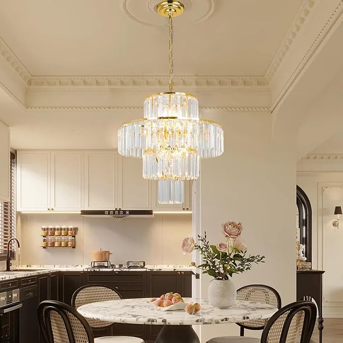 Gold Crystal Chandelier, 7-Light 4 Tiers 19.68" Crystal Light, Adjustable Hanging Metal Ceiling Lighting Fixture, Modern Foyer Dining Room Chandeliers for Bedroom,Hallway,Kitchen