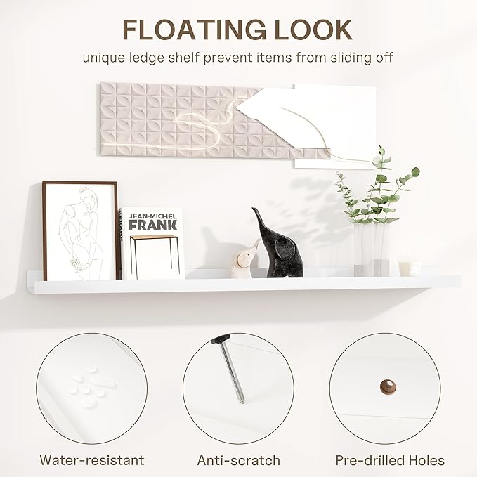Fun Memories Long Wall Shelves Set of 2-60 Inch Floating Shelves for Wall - Picture Ledge Shelf with Lip for Storage - Wall - Mounted Shelves for Bedroom - Living Room - Kitchen - White Color