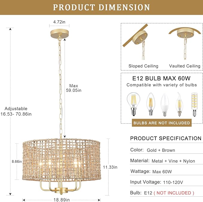 5-Light Gold Rattan Chandelier Large Hand Woven Farmhouse Chandelier with Wicker Shade Rustic Boho Pendant Light Fixtures Drum Chandeliers for Dining Room Kitchen Living Room Foyer Entryway Hallway