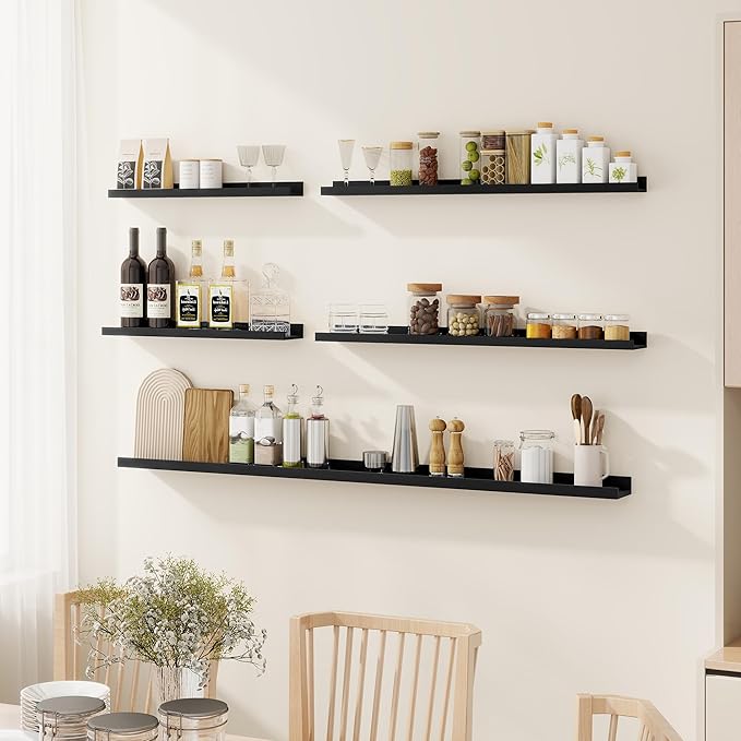 Fun Memories Picture Ledge Shelves Set of 4-48 Inch Shelves with Lip - Large Nursery Bookshelf for Storage - Floating Shelf Wall Mounted for Living Room - Bedroom -Kitchen - Black Color