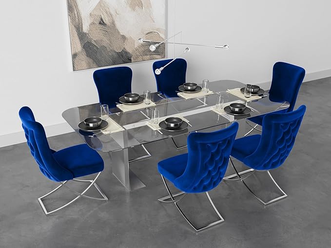 Ottomanson Royal Dining Chairs Set of 4 – Upholstered Tufted Microfiber, Assembled, Silver Metal Legs, Beech Wood Frame, 350 lb Capacity, Blue