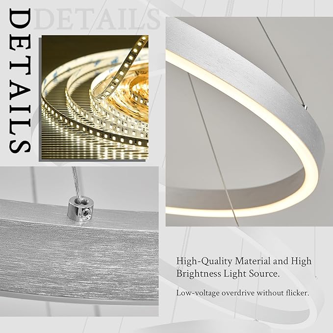 Modern LED Chandeliers 5-Ring Chandelier High Ceiling Chandelier 31" Large Foyer Chandeliers Entryway Silver Dimmable Pendant Light Fixture for Living Room Staircase, 3000K-6500K