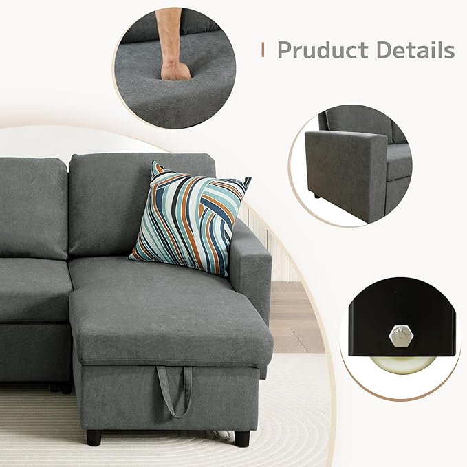 Yafylly L-Shaped Sleeper Sofa with Chaise Lounge & Storage, Pull-Out Couch Bed with Recliner, Full Size Futon for Living Room, Office, Apartment Dark Grey