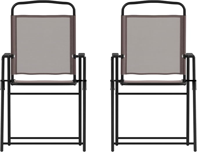Flash Furniture Mystic Folding Patio Sling Chairs, Outdoor Textilene Lawn Chairs with Armrests, Set of 2, Brown