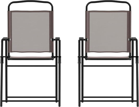 Flash Furniture Mystic Folding Patio Sling Chairs, Outdoor Textilene Lawn Chairs with Armrests, Set of 2, Brown