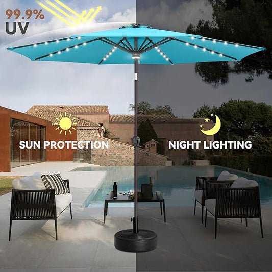 10ft Solar Umbrella Outdoor - Lighted Solar Patio Umbrella with 40 LED Lights Waterprool UV Protection, Table Umbrella with Tilt for Pool, Porch, Garden, Deck, Backyard (Aqua Blue)