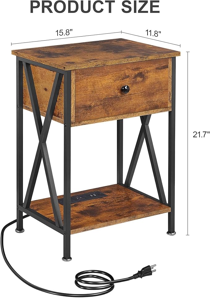 VECELO End Table with Charging Station, Night Stand with Drawers, 2-Tier Bedside Tables with USB Ports & Outlets, Side Table with Storage Shelf for Living Room/Bedroom, Rustic Brown