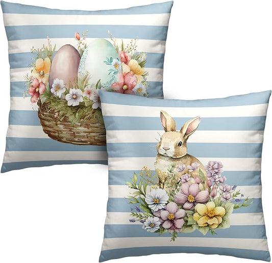 Spring Blue and White Stripes Easter Pillow Covers 24x24 Pack of 2 Egg Cute Rabbit Lovely Flowers Pillows Cases Holiday Warm Home Decor for Indoor Sofa Couch